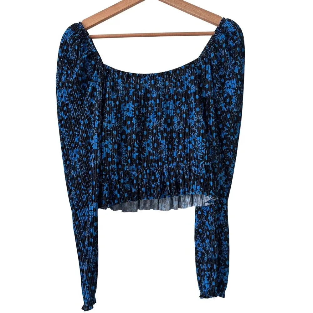 Zara Blue & Black Floral Print Smocked Cropped Long Sleeve Top S
